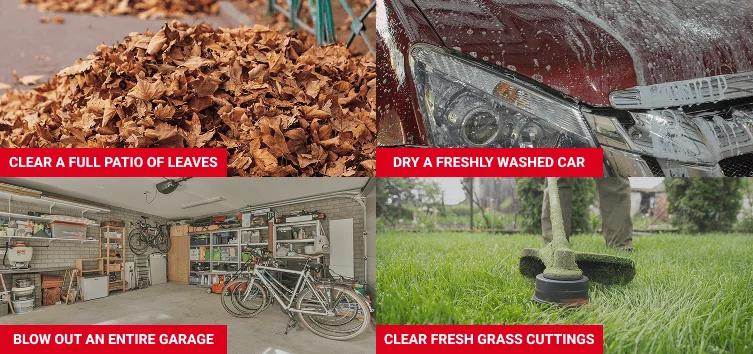 Examples of the Wood Ranger leaf blower's multiple uses for home and yard work.